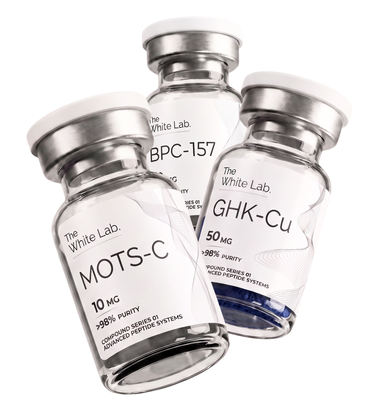 story_42 → Флакони BPC-157, GHK-Cu и MOTS-c, изследователски пептиди The White Lab, Compound Series 01